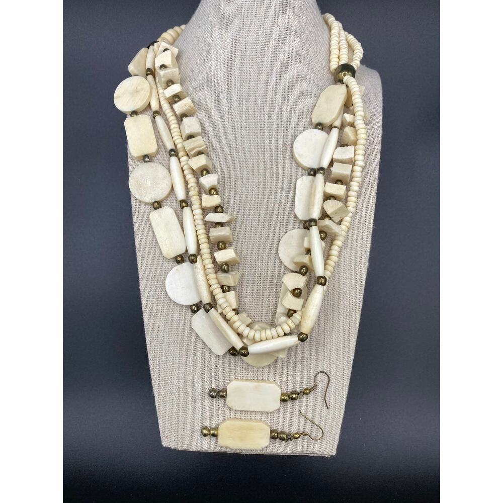 Vintage Bone Multi-strand Necklace Matching Pierced Earrings Individual Beads